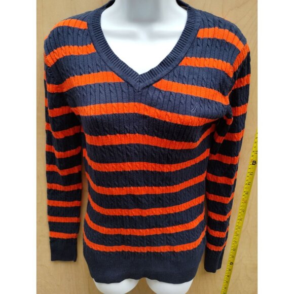 Nautica Womens Striped Sweater Navy & Orange V-Neck 100% Cotton Size M - Picture 7 of 9